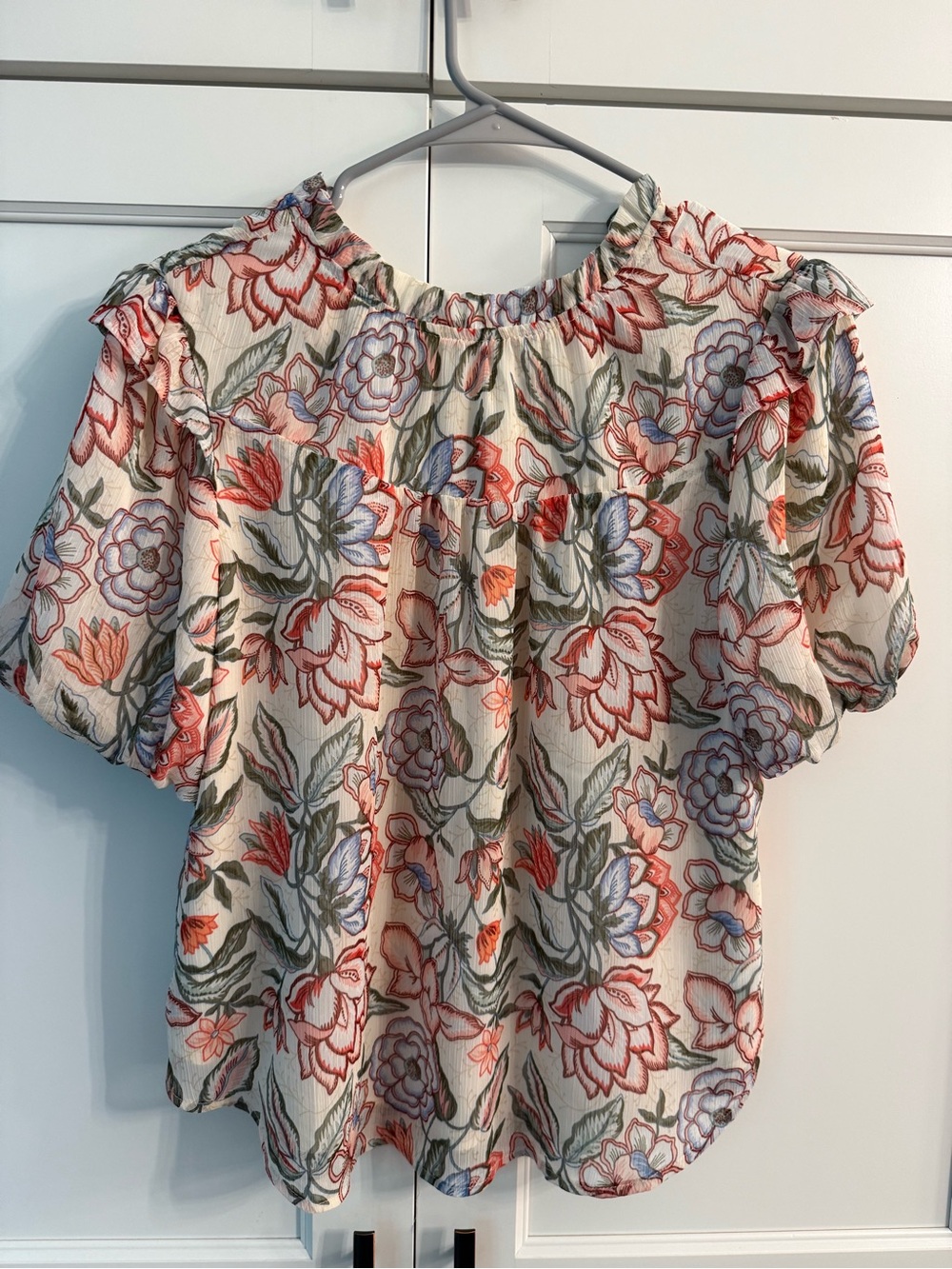 LOFT Floral Puff-Sleeve Blouse in Cream, Coral & Blue